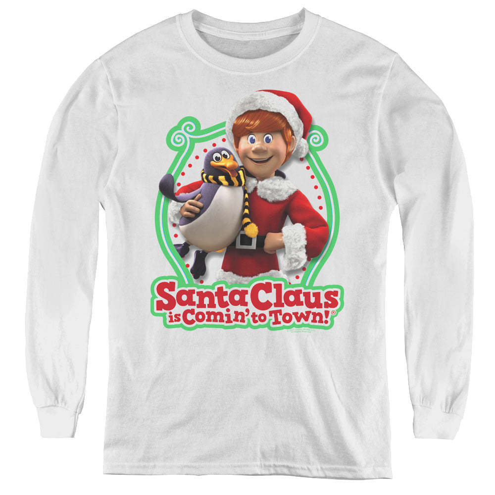 Santa Claus Is Comin To Town - Penguin - Youth Long Sleeve Tee - White