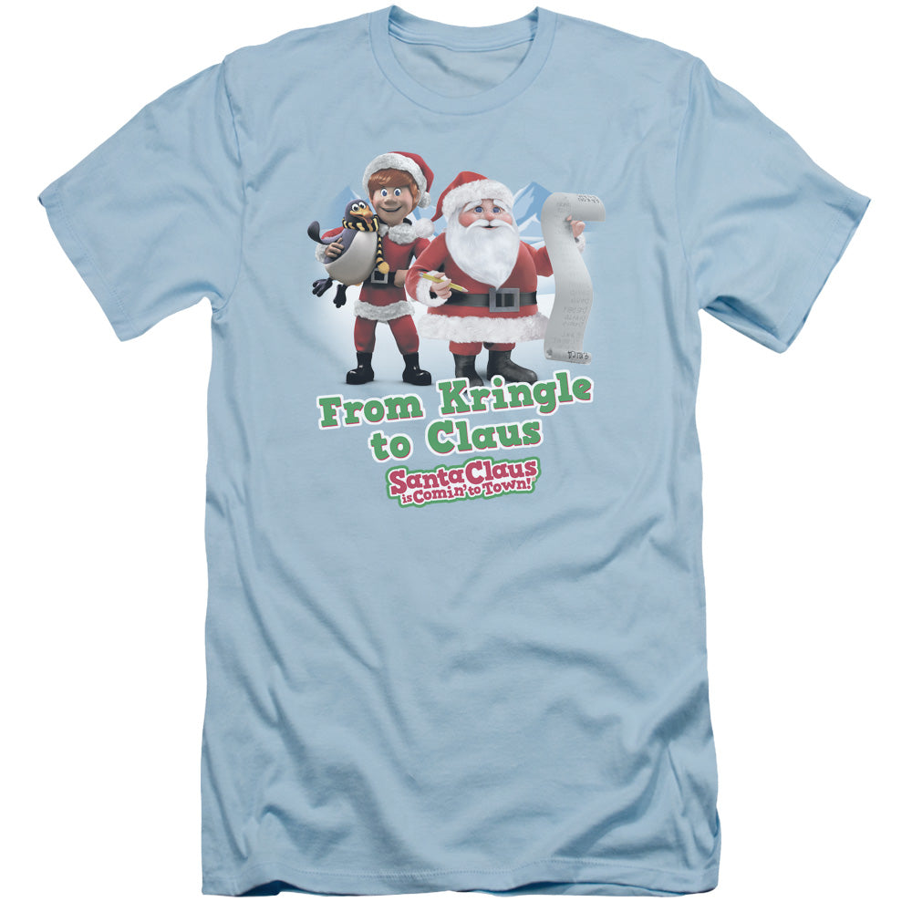 Santa Claus Is Comin To Town - Kringle To Claus - Short Sleeve Adult 30/1 - Light Blue T-shirt