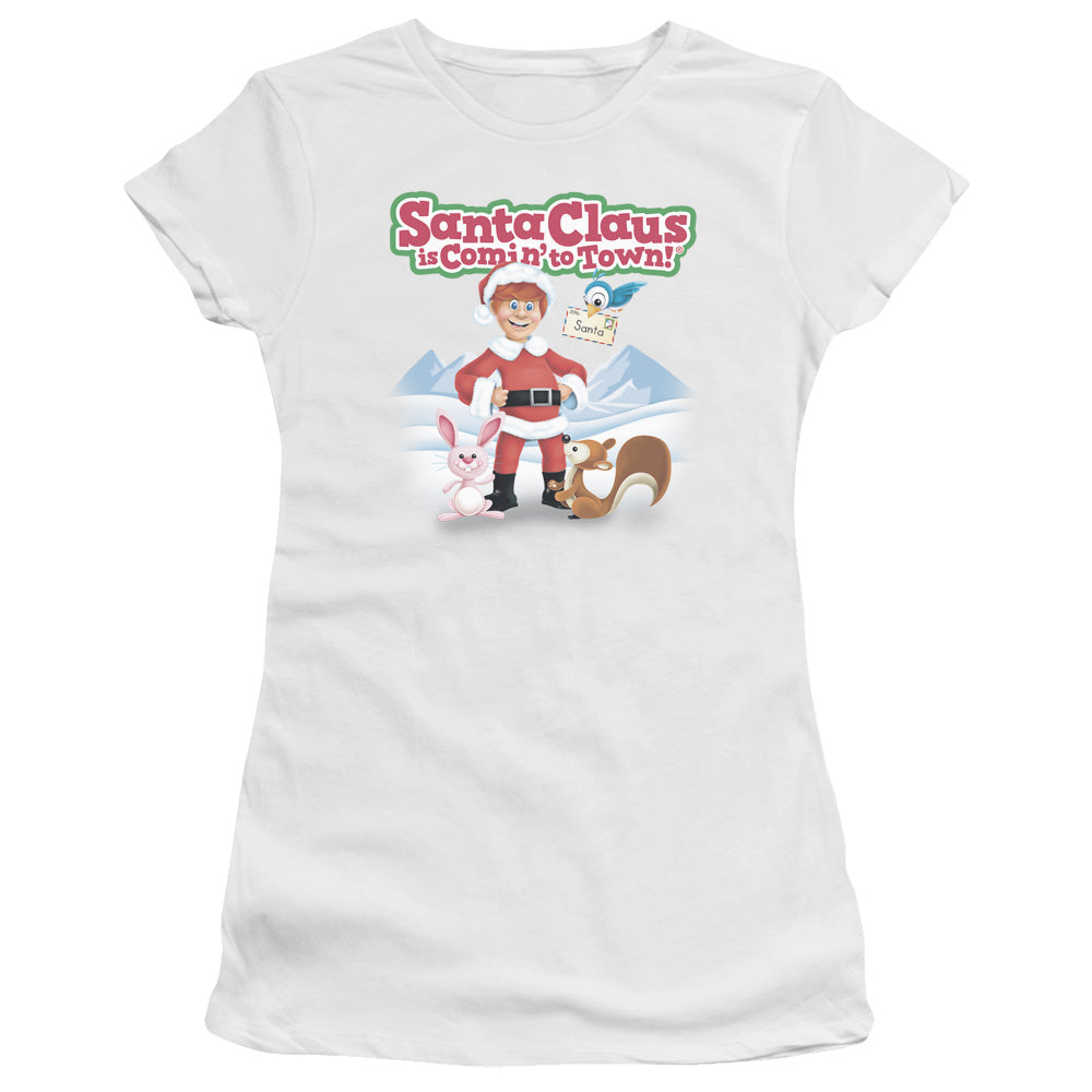 Santa Claus Is Comin To Town - Animal Friends - Short Sleeve Junior Sheer - White T-shirt