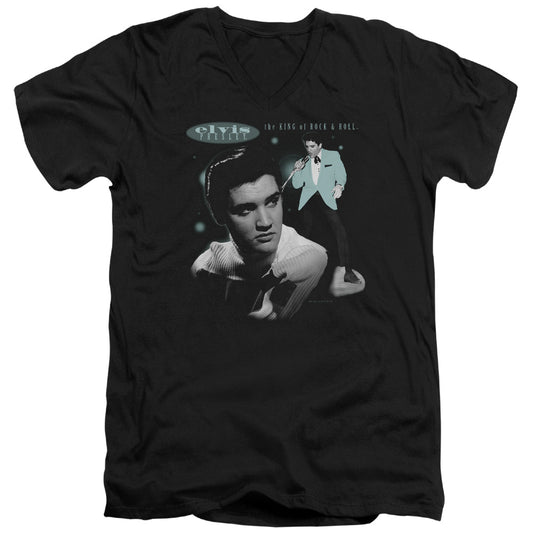 Elvis Presley - Teal Portrait - Short Sleeve Adult V-neck - Black T-shirt