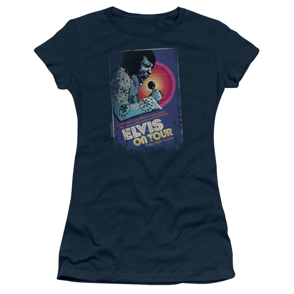 Elvis Presley - On Tour Poster - Short Sleeve Junior Sheer - Navy T-shirt