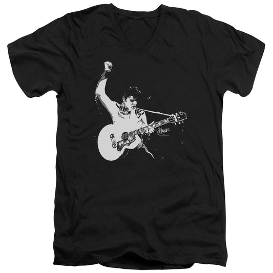 Elvis Presley - Black And White Guitarman - Short Sleeve Adult V-neck 30/1 - Black T-shirt