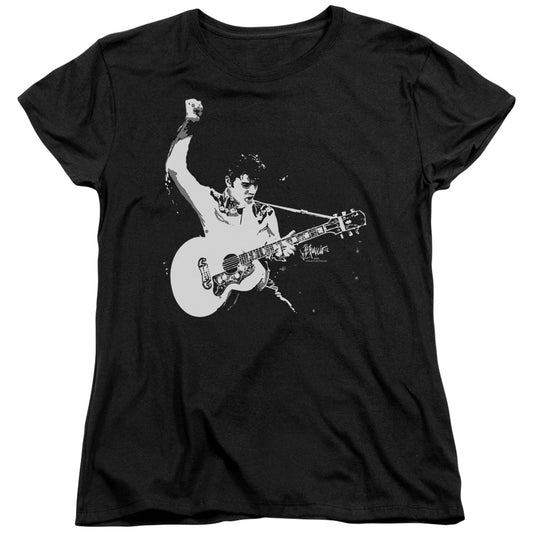 Elvis Presley - Black And White Guitarman - Short Sleeve Women"s Tee - Black T-shirt