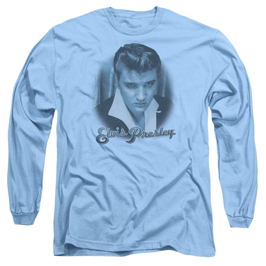 Elvis Presley - Blue Suede Fade - Long Sleeve Adult 18/1 - Carolina Blue T-shirt