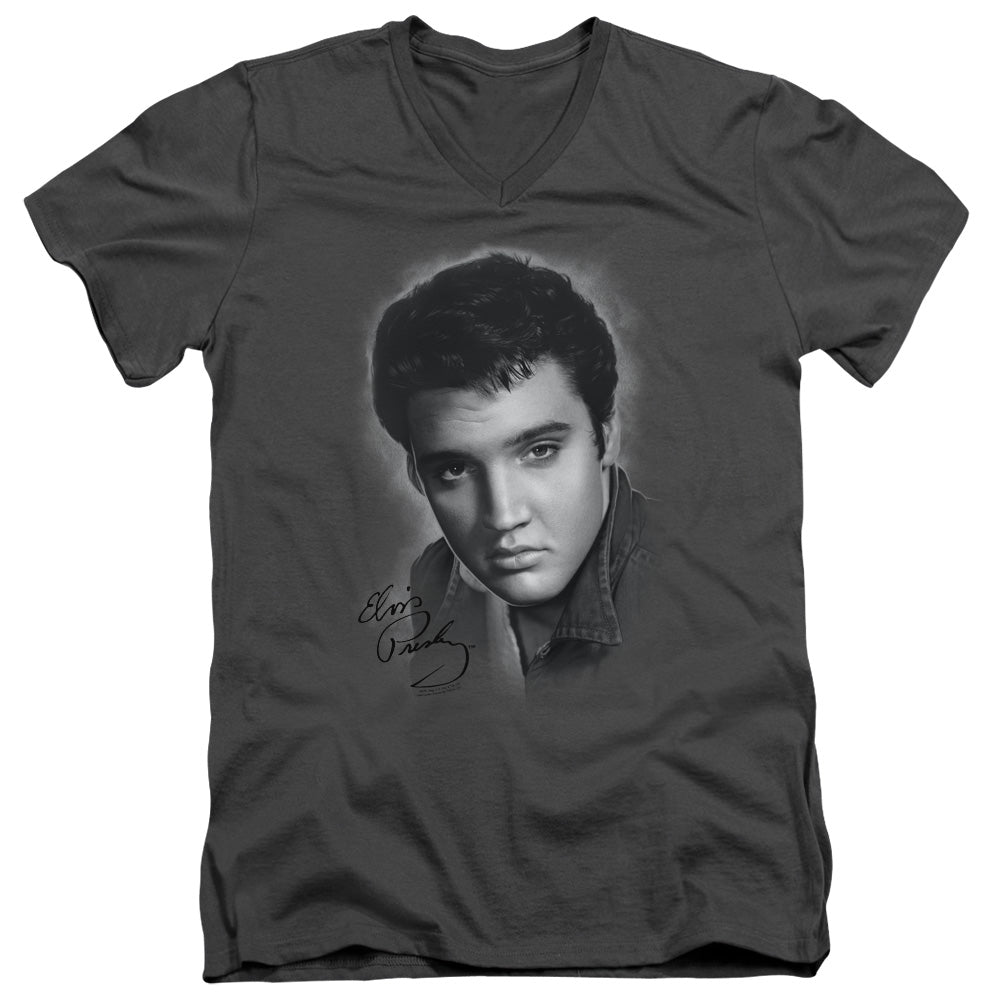 Elvis Presley - Grey Portrait - Short Sleeve Adult V-neck - Charcoal T-shirt