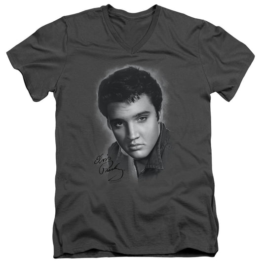Elvis Presley - Grey Portrait - Short Sleeve Adult V-neck - Charcoal T-shirt