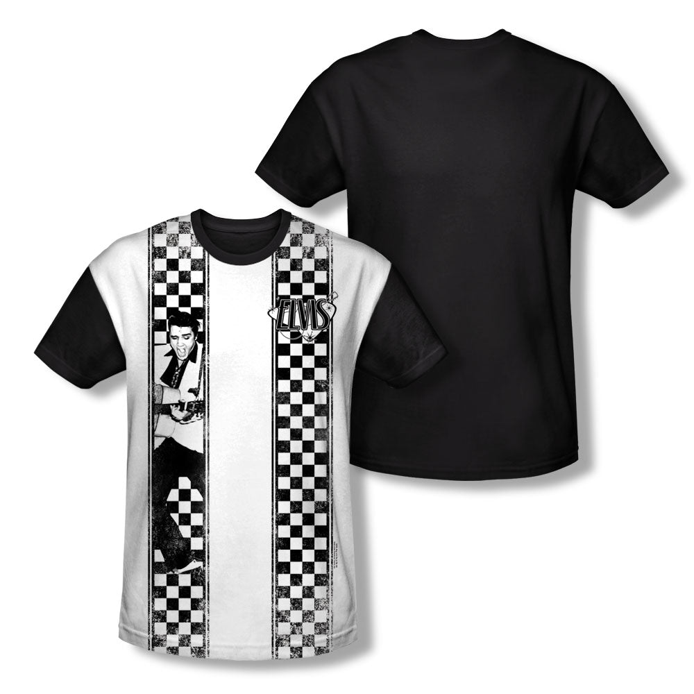 Elvis Presley - Checkered Bowling Shirt - Short Sleeve Adult White Front Black Back   - White T-shirt