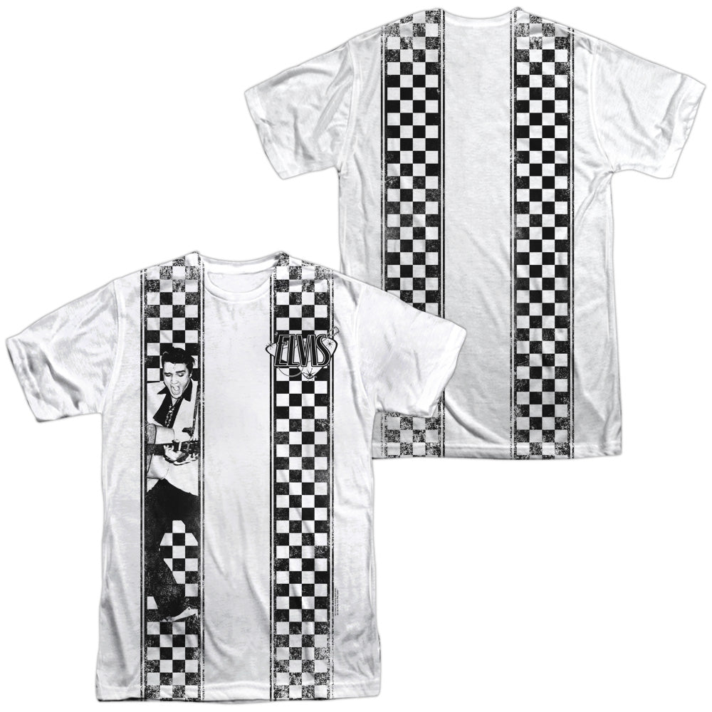 Elvis Presley - Checkered Bowling Shirt (Front/back Print) -  Short Sleeve Adult 100% Poly Crew - White T-shirt