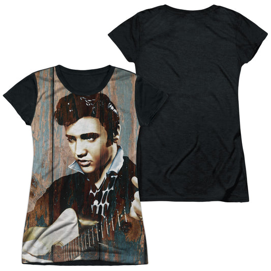 Elvis Presley - Woodgrain - Short Sleeve Junior Poly Black Back - White T-shirt