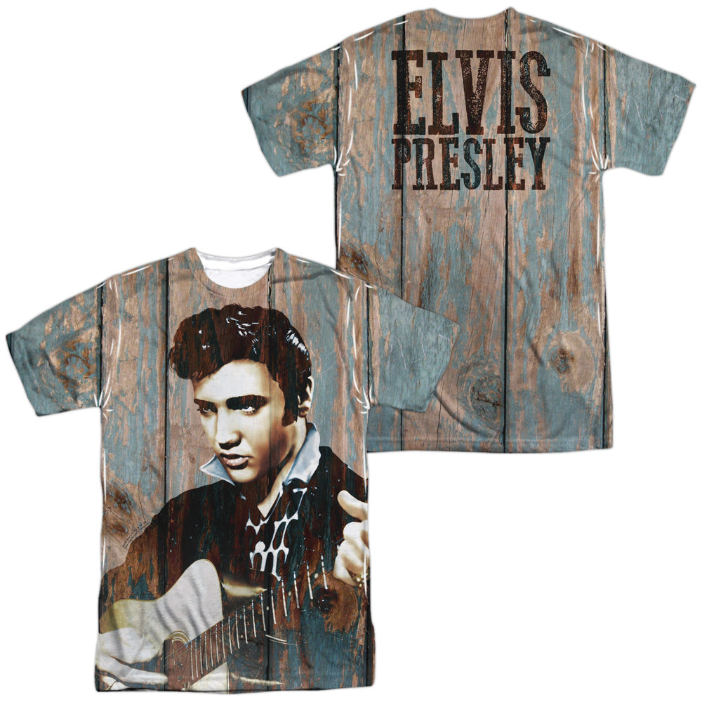 Elvis Presley - Woodgrain (Front/back Print) - Short Sleeve Adult Poly Crew - White T-shirt