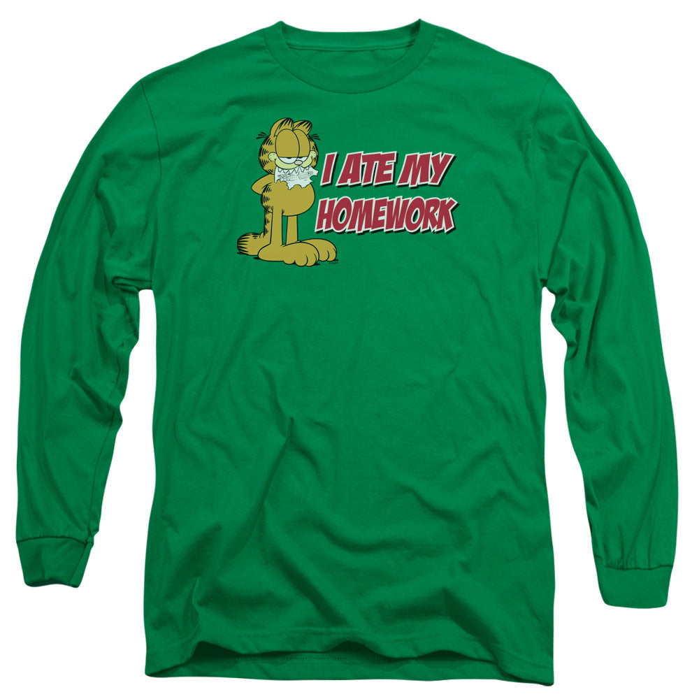Garfield - I Ate My Homework - Long Sleeve Adult 18/1 - Kelly Green T-shirt