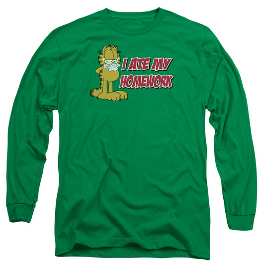 Garfield - I Ate My Homework - Long Sleeve Adult 18/1 - Kelly Green T-shirt