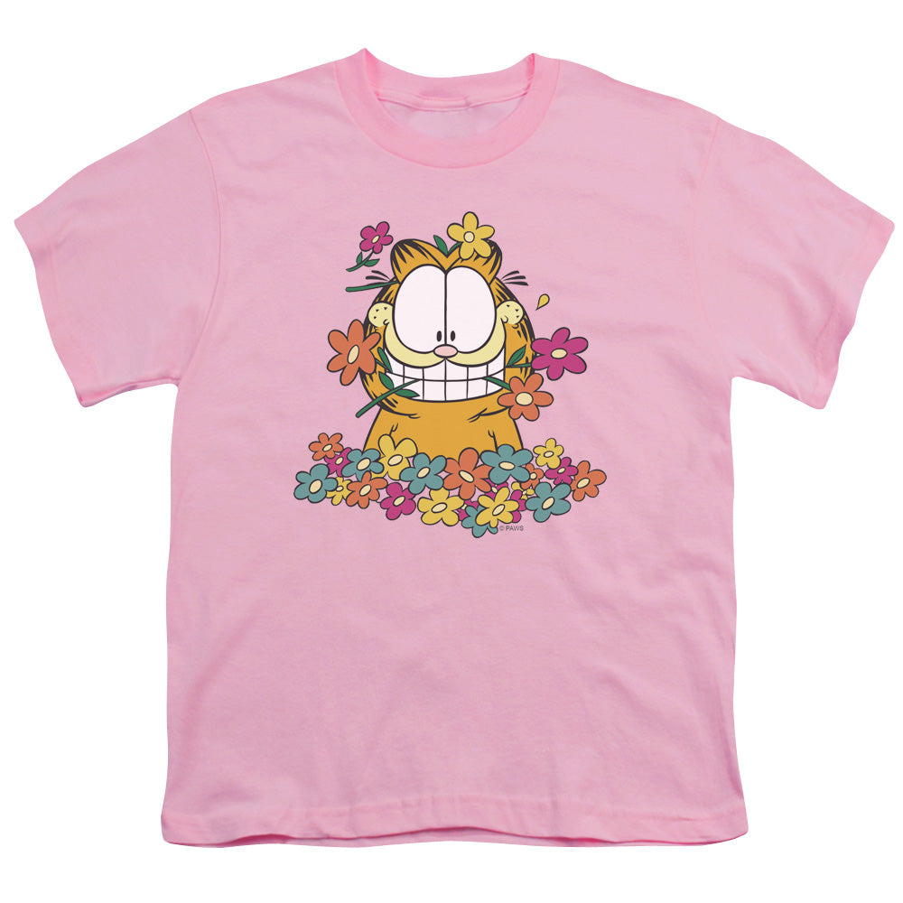 Garfield - In The Garden - Short Sleeve Youth 18/1 - Pink T-shirt