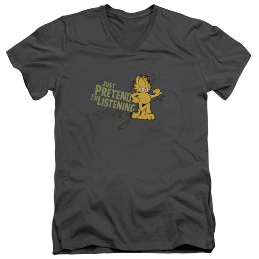 Garfield - Just Pretend Im Listening - Short Sleeve Adult V-neck - Charcoal T-shirt