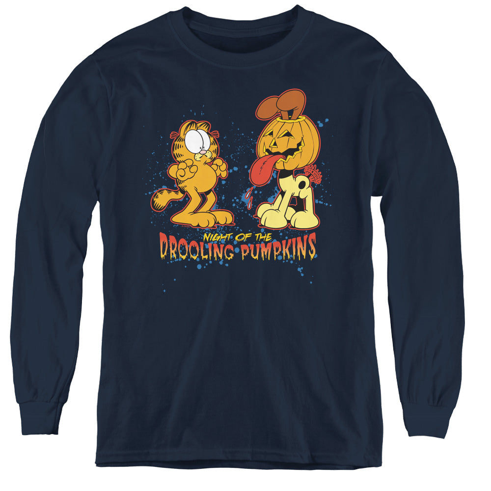 Garfield - Drooling Pumpkins - Youth Long Sleeve Tee - Navy