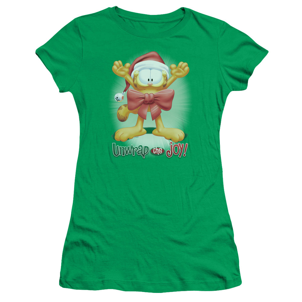 Garfield - Unwrap The Joy! - Short Sleeve Junior Sheer - Kelly Green T-shirt