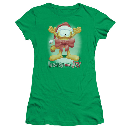Garfield - Unwrap The Joy! - Short Sleeve Junior Sheer - Kelly Green T-shirt