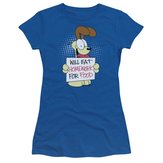 Garfield - Will Eat Homework - Short Sleeve Junior Sheer - Royal Blue T-shirt