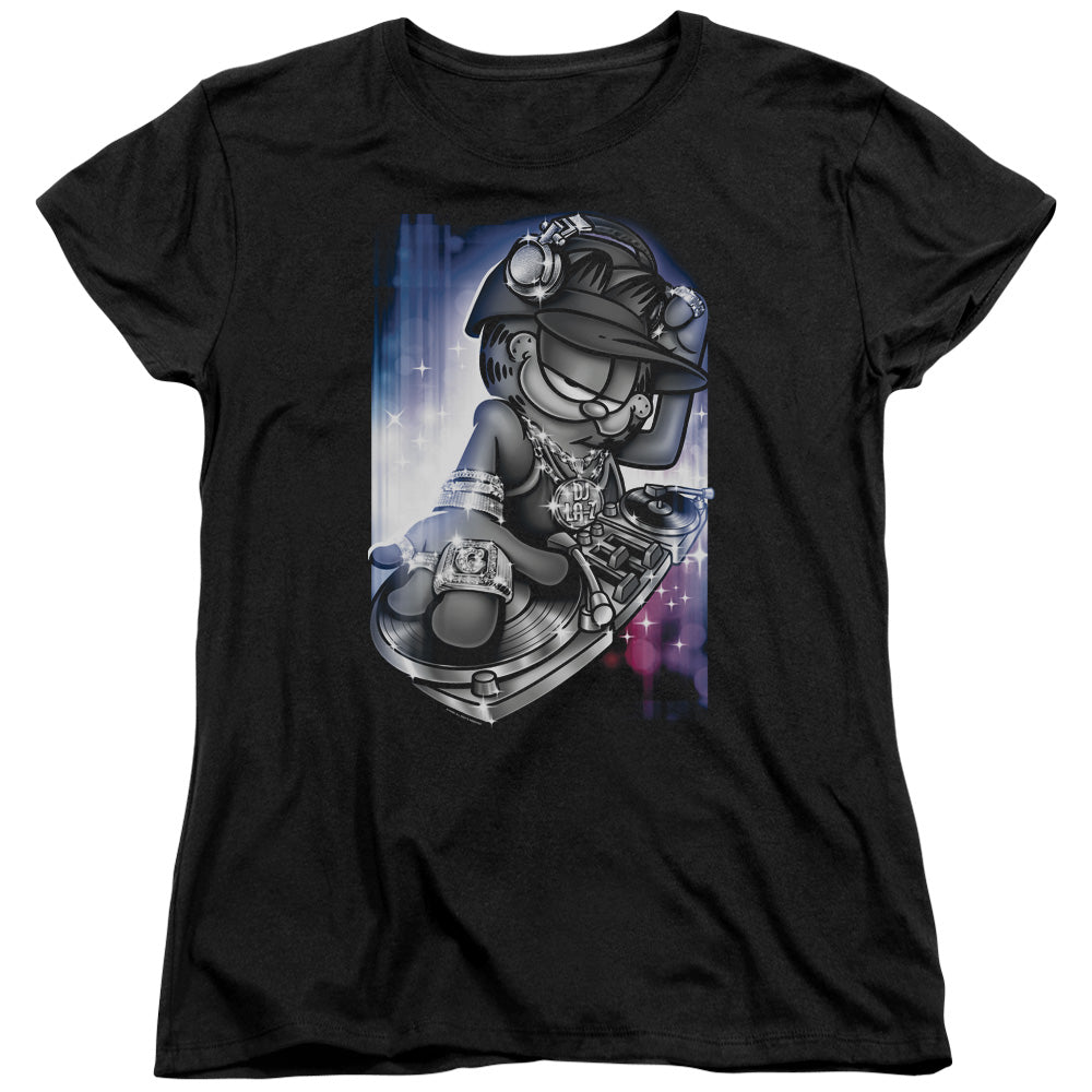 Garfield - Dj Lazy - Short Sleeve Womens Tee - Black T-shirt