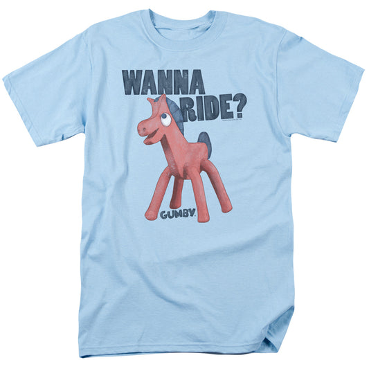 Gumby - Wanna Ride - Short Sleeve Adult 18/1 - Light Blue T-shirt