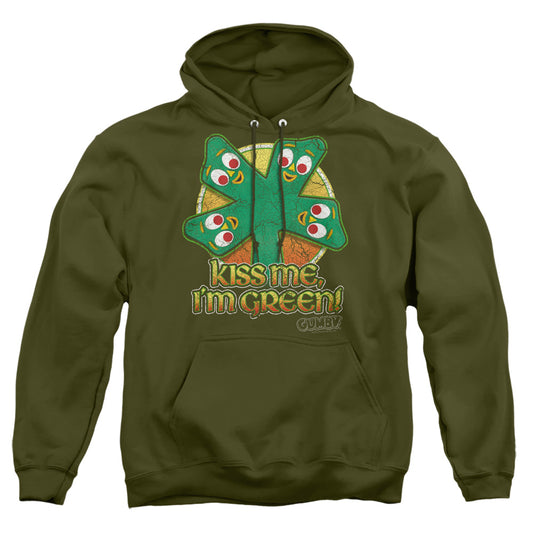 Gumby - Kiss Me - Adult Pull-over Hoodie - Military Green