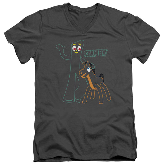 Gumby - Outlines - Short Sleeve Adult V-neck 30/1 - Charcoal T-shirt