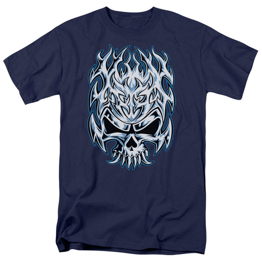 Flaming Chrome Skull - Short Sleeve Adult 18 - 1 - Navy T-shirt