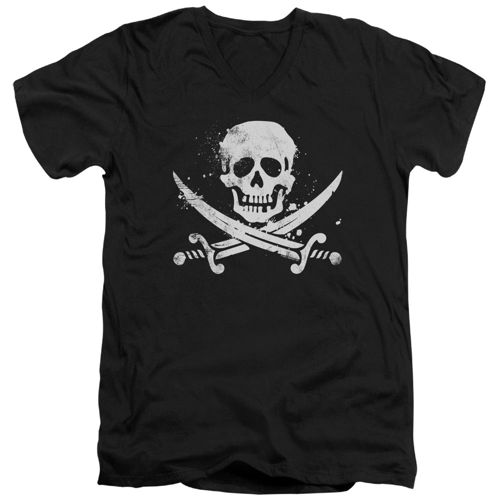 Distressed Jolly Roger - Short Sleeve Adult V-neck 30 - 1 - Black T-shirt