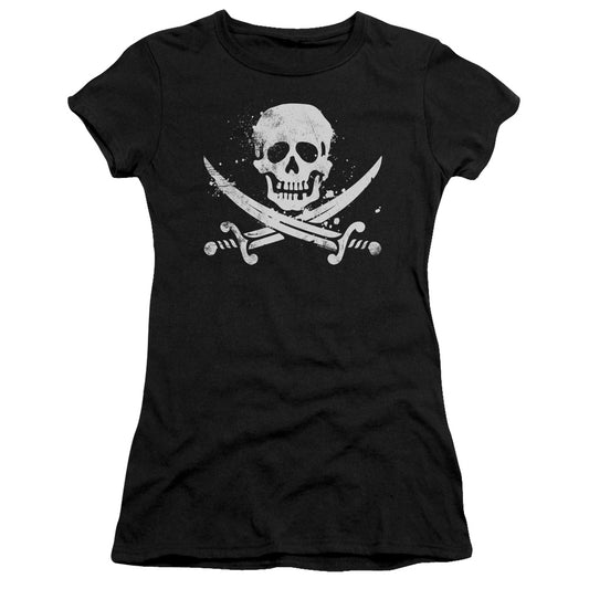 Distressed Jolly Roger - Short Sleeve Junior Sheer - Black T-shirt