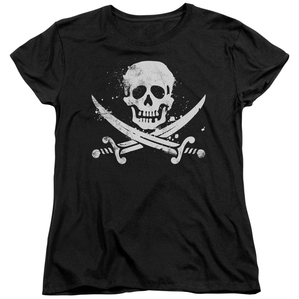 Distressed Jolly Roger - Short Sleeve Womens Tee - Black T-shirt