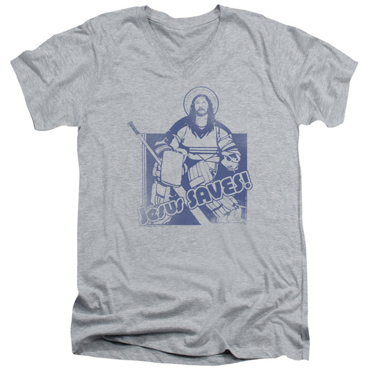 Jesus Saves - Short Sleeve Adult V-neck - Athletic Heather T-shirt
