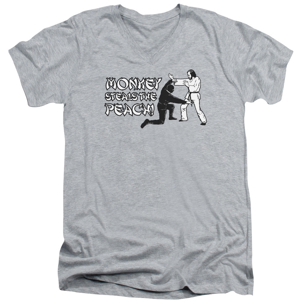 Monkey Steals The Peach - Short Sleeve Adult V-neck - Athletic Heather T-shirt