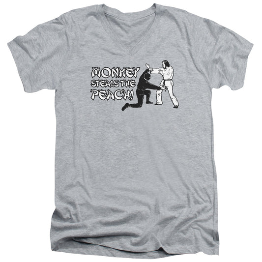 Monkey Steals The Peach - Short Sleeve Adult V-neck - Athletic Heather T-shirt
