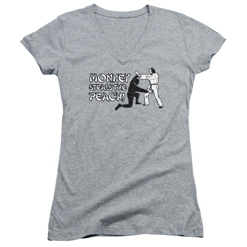 Monkey Steals The Peach - Junior V-neck - Athletic Heather