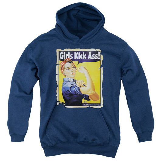 Girls Kick Ass - Youth Pull-over Hoodie - Navy