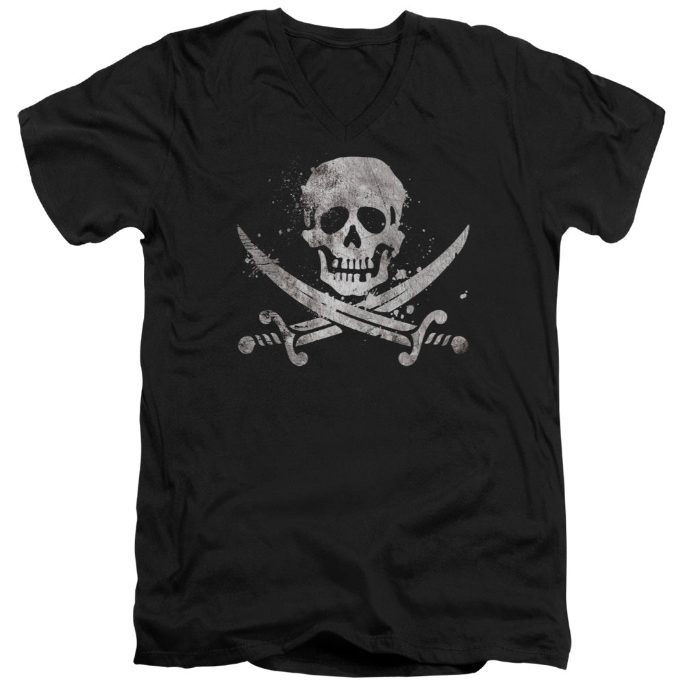 Distressed Jolly Roger - Short Sleeve Adult V-neck - Black T-shirt