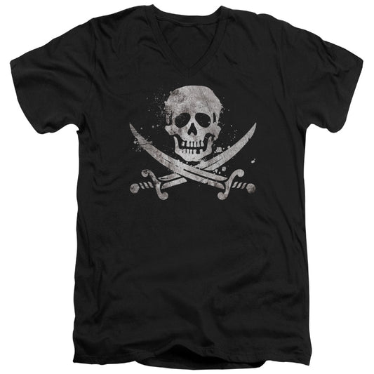Distressed Jolly Roger - Short Sleeve Adult V-neck - Black T-shirt