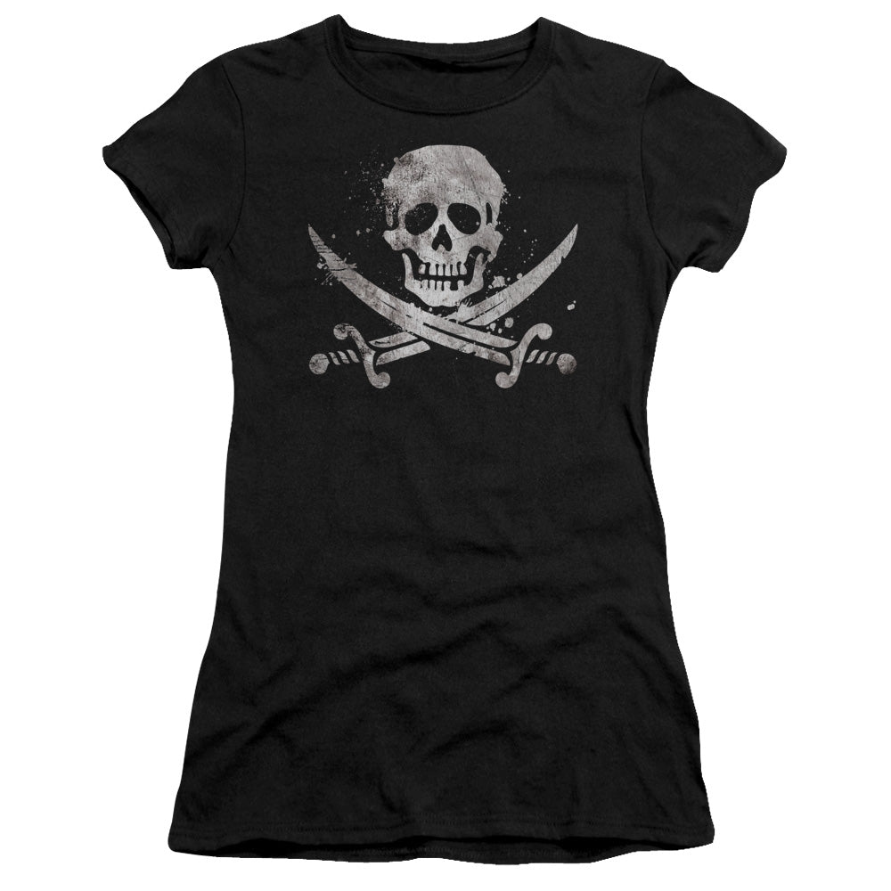 Distressed Jolly Roger - Short Sleeve Junior Sheer - Black T-shirt