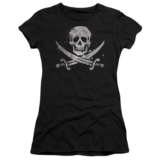 Distressed Jolly Roger - Short Sleeve Junior Sheer - Black T-shirt