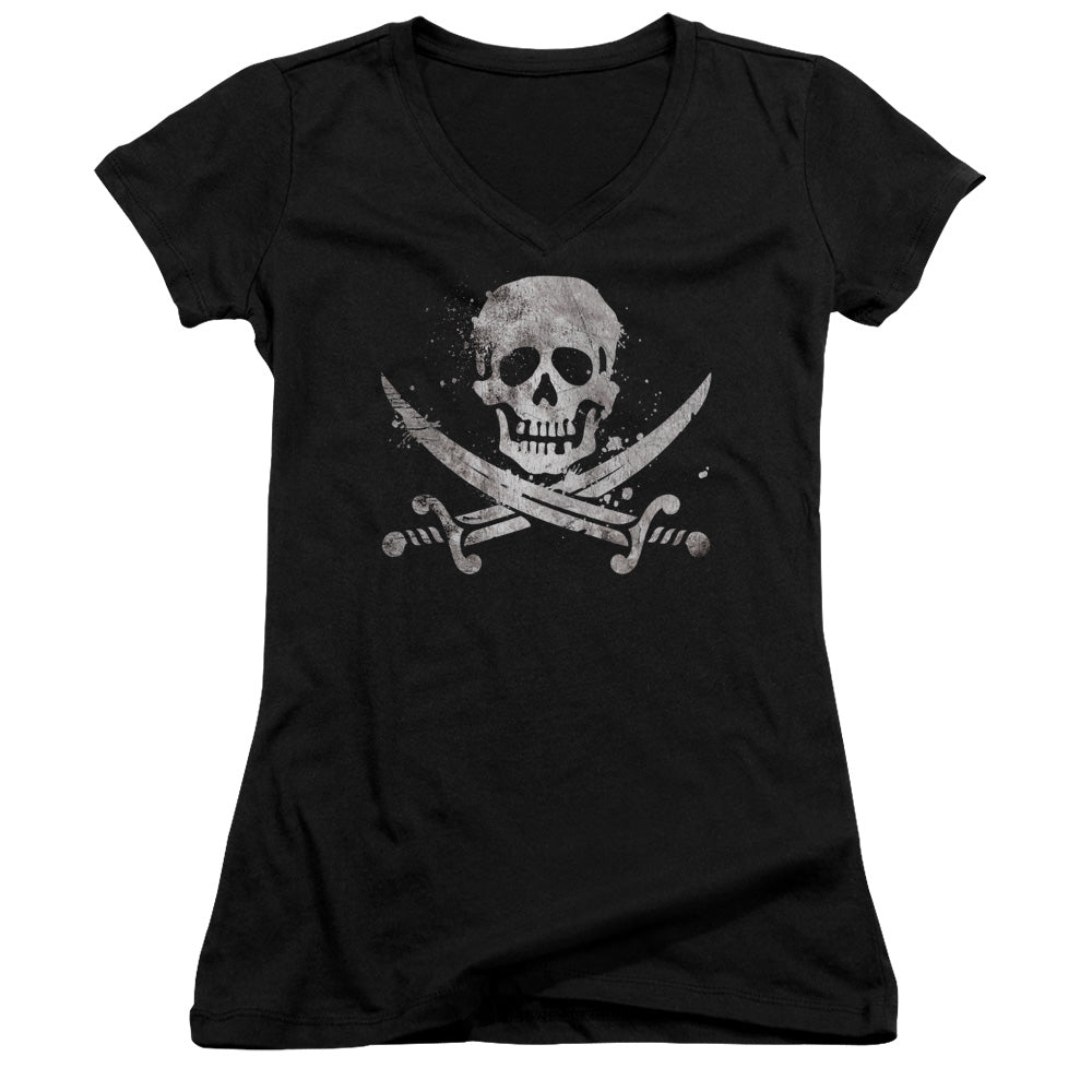Distressed Jolly Roger - Junior V-neck - Black