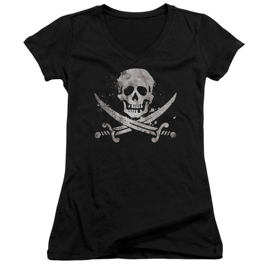 Distressed Jolly Roger - Junior V-neck - Black