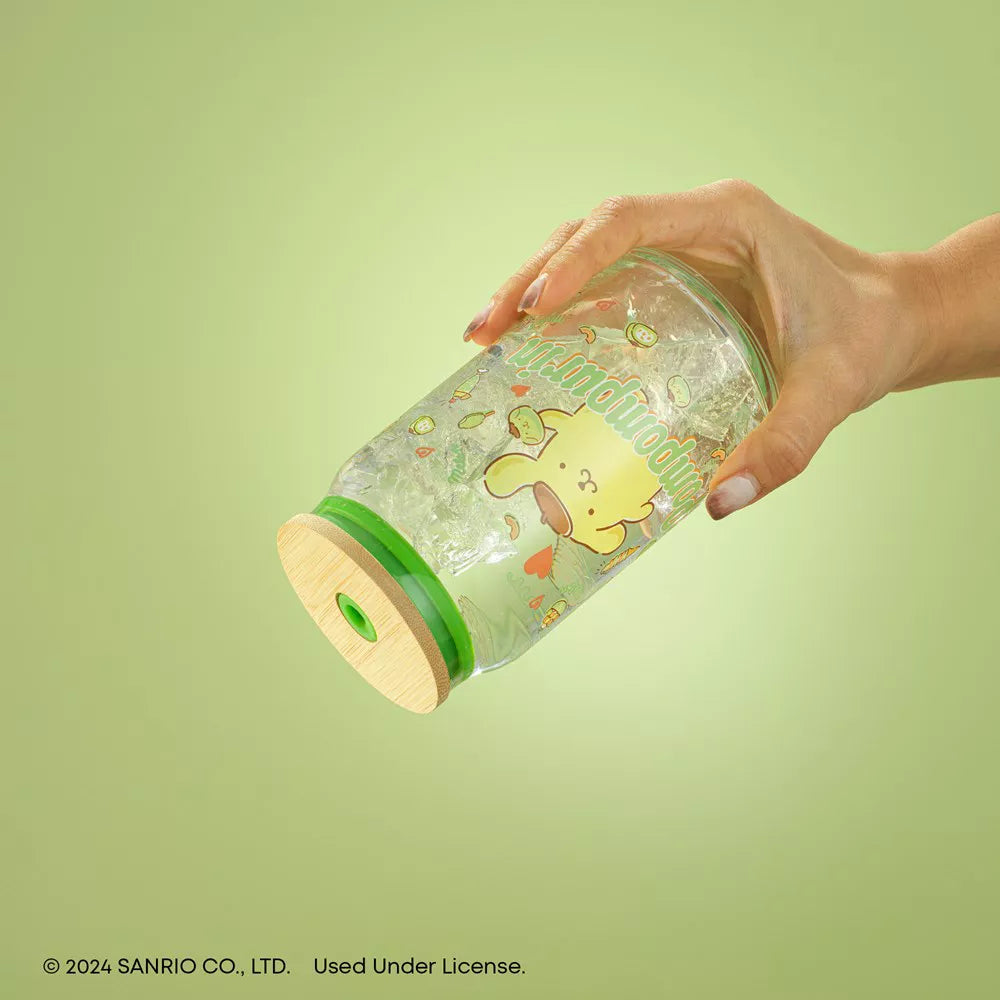 JoyJolt Sanrio Hello Kitty and Friends Pompompurin Favorite Flavor Glass Tumbler with Bamboo Lid and Straw