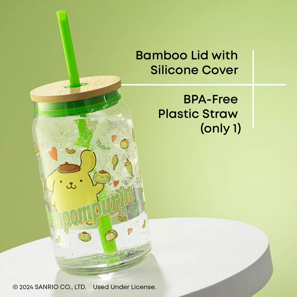 JoyJolt Sanrio Hello Kitty and Friends Pompompurin Favorite Flavor Glass Tumbler with Bamboo Lid and Straw