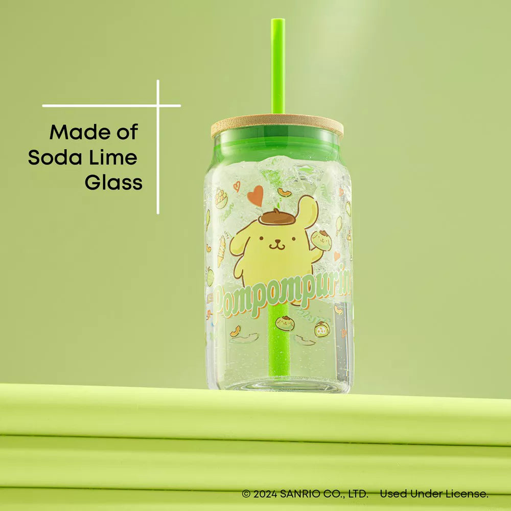 JoyJolt Sanrio Hello Kitty and Friends Pompompurin Favorite Flavor Glass Tumbler with Bamboo Lid and Straw