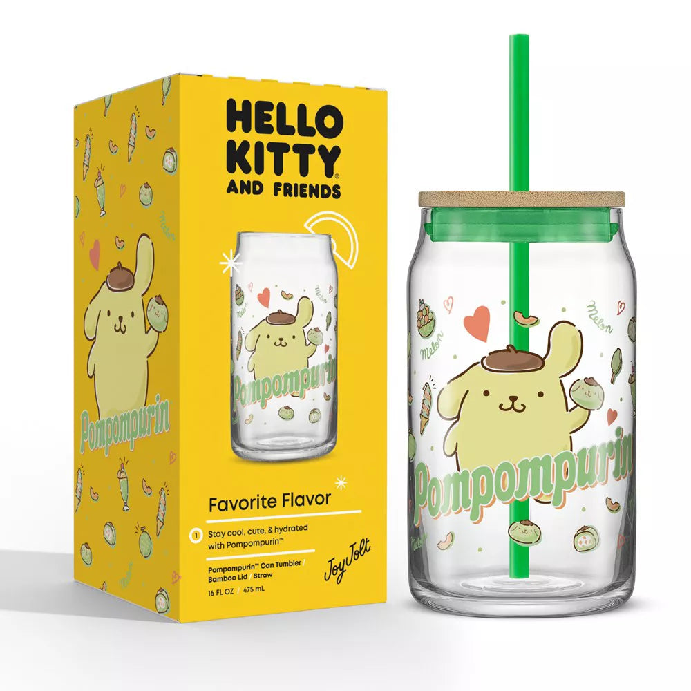 JoyJolt Sanrio Hello Kitty and Friends Pompompurin Favorite Flavor Glass Tumbler with Bamboo Lid and Straw