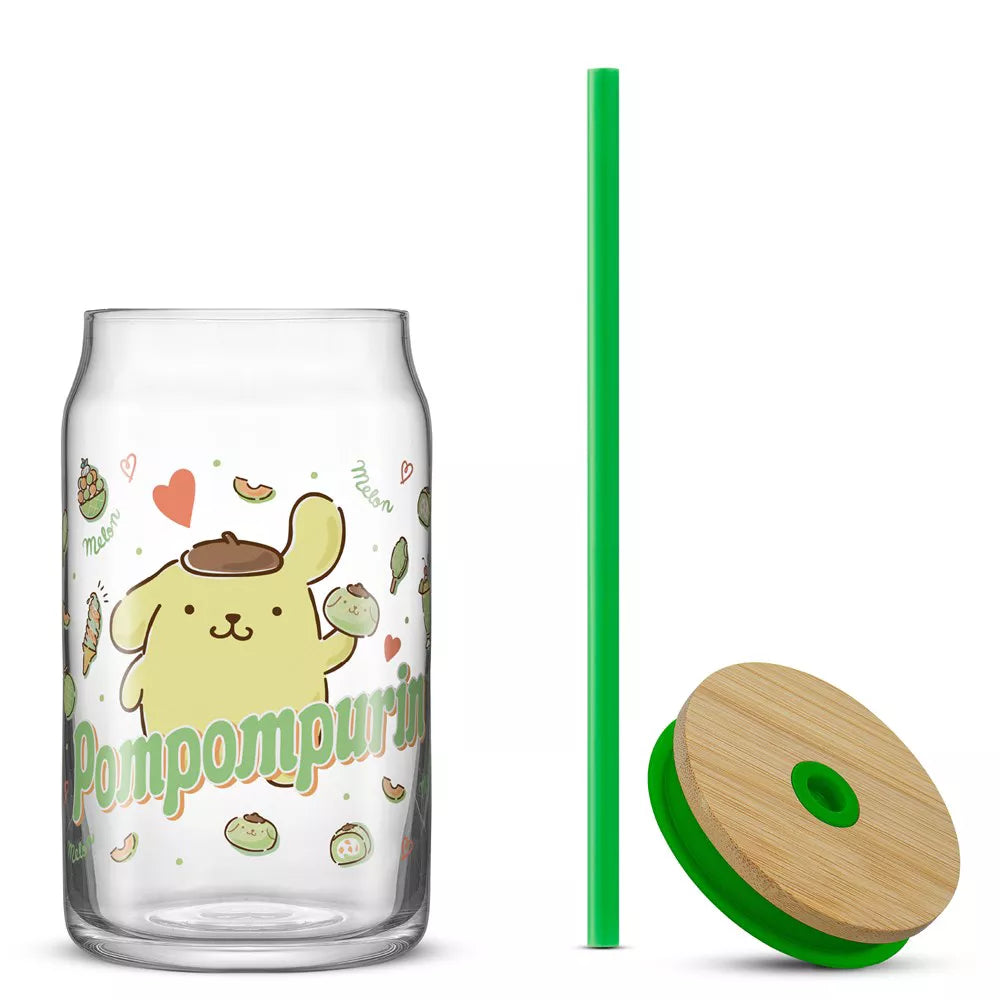 JoyJolt Sanrio Hello Kitty and Friends Pompompurin Favorite Flavor Glass Tumbler with Bamboo Lid and Straw