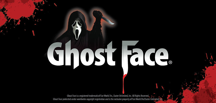 Ghost Face logo artwork on a black background, featuring the white mask and dark hooded figure holding a knife, with red splatter accents and small copyright text at the bottom.