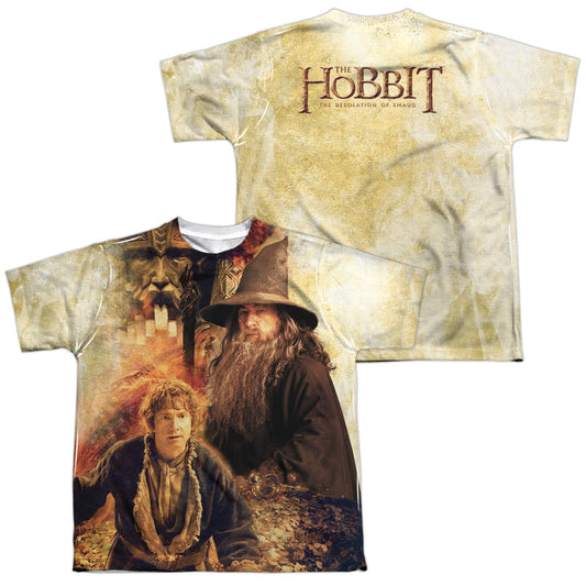 Hobbit - Bilbo And Gandalf (Front & Back Print) - Short Sleeve Youth Poly Crew - White T-shirt