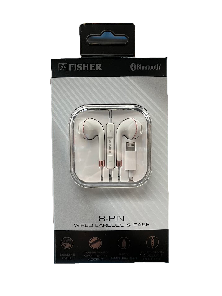 Fisher 8pin Wired Earbuds with Case - White and Rose Gold
