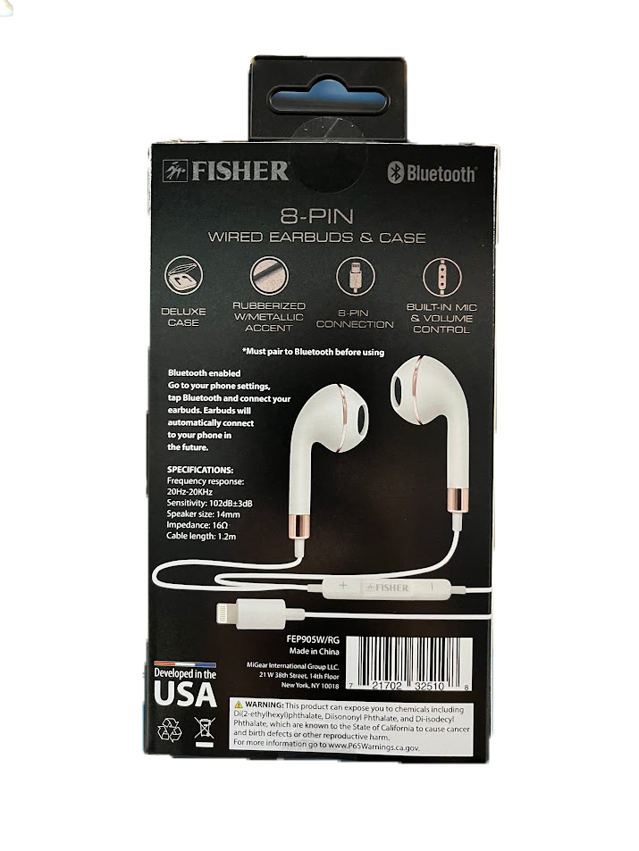 Fisher 8pin Wired Earbuds with Case - White and Rose Gold